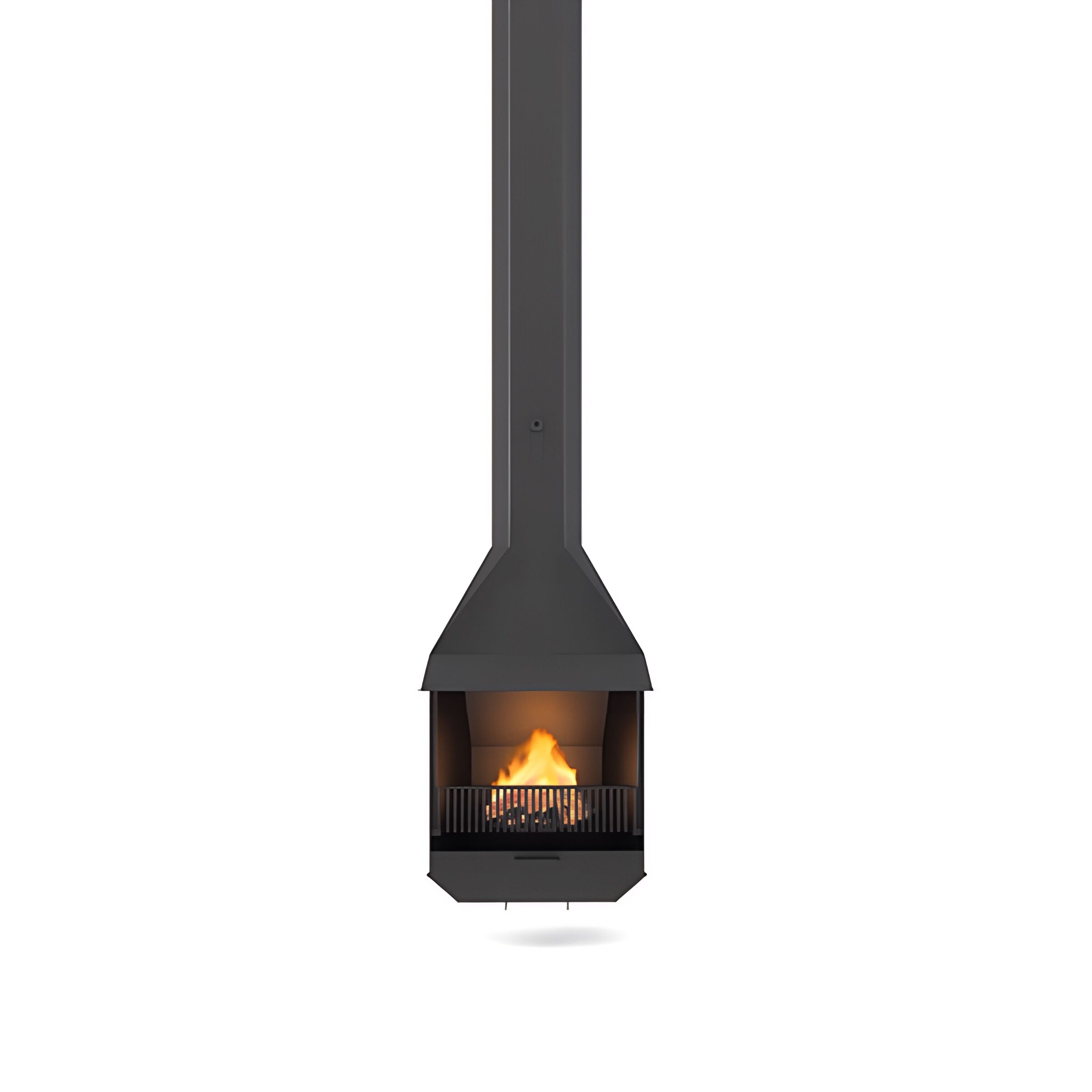 Chimenea Cadaques 33 Chimenea CADAQUES de leña suspendida, chimenea metálica negra de diseño DAE con fuego encendido sobre fondo blanco