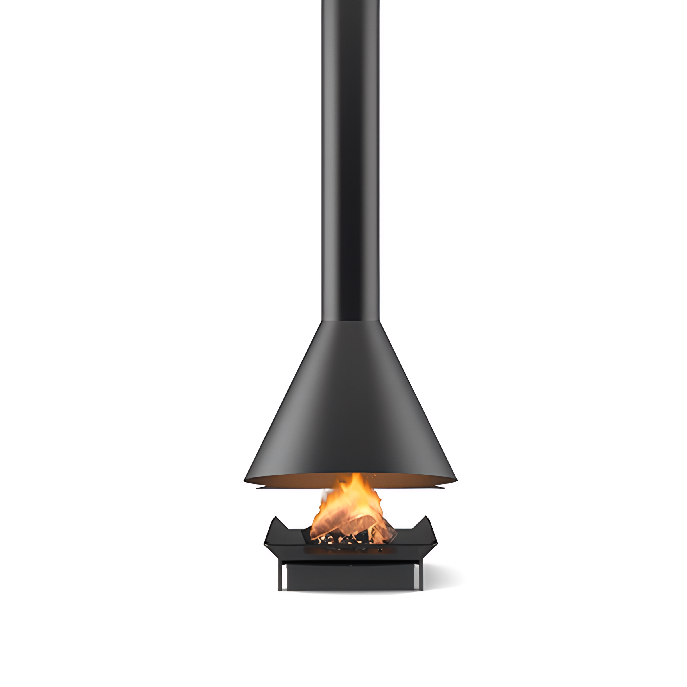 Chimenea Bc 39 Chimenea de diseño modelo BC de DAE con fuego encendido, vista frontal sobre fondo blanco