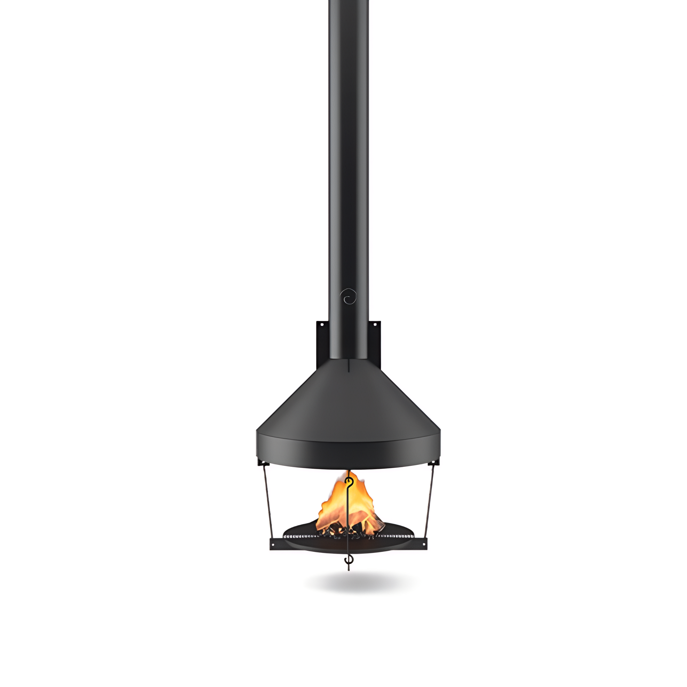 Chimenea Central 23 Chimenea CENTRAL de DAE, chimenea metálica de leña de diseño, vista general del modelo con fuego encendido